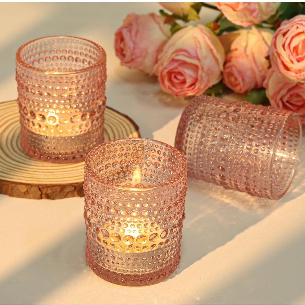 3 Vintage inspired Pink Glass Candle Holders‎